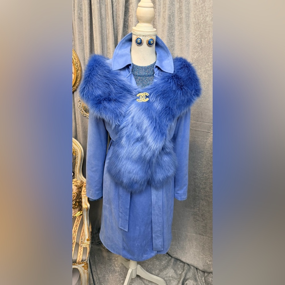 Sold- Blue Faux Suede Trench Coat with Furry Scarf